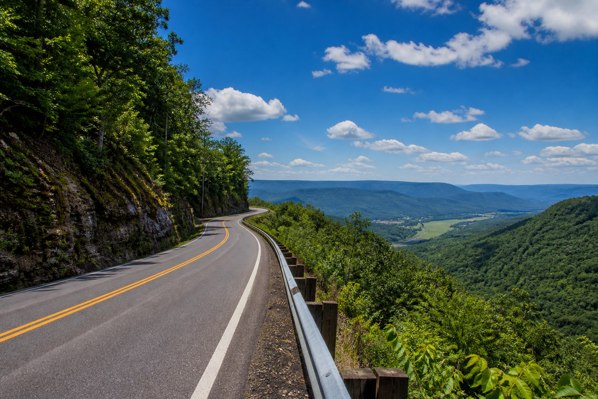 Two lane road switchbacking up a forested Allegheny ridge with a hardwood log landing on the shoulder and folded ridges receding behind it