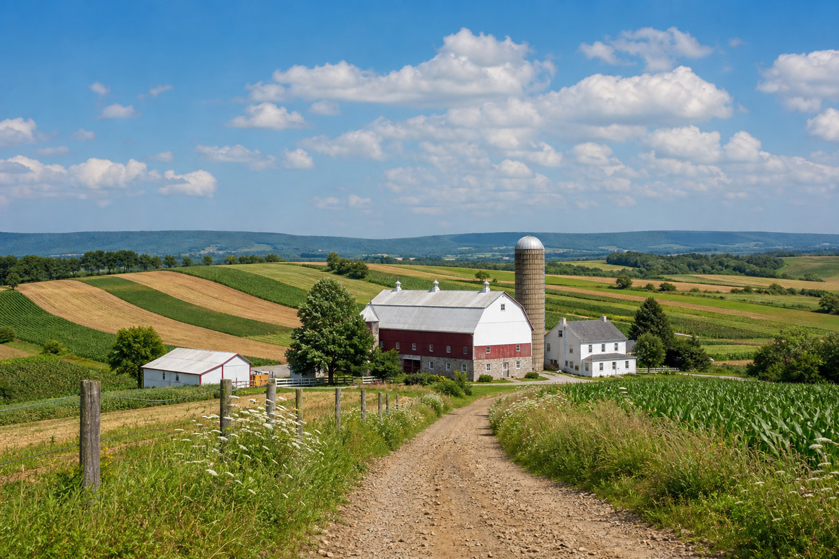 Rolling Lancaster County farmland with a white stone bank barn, a fenced lane and contour strips of corn running up to a distant ridge