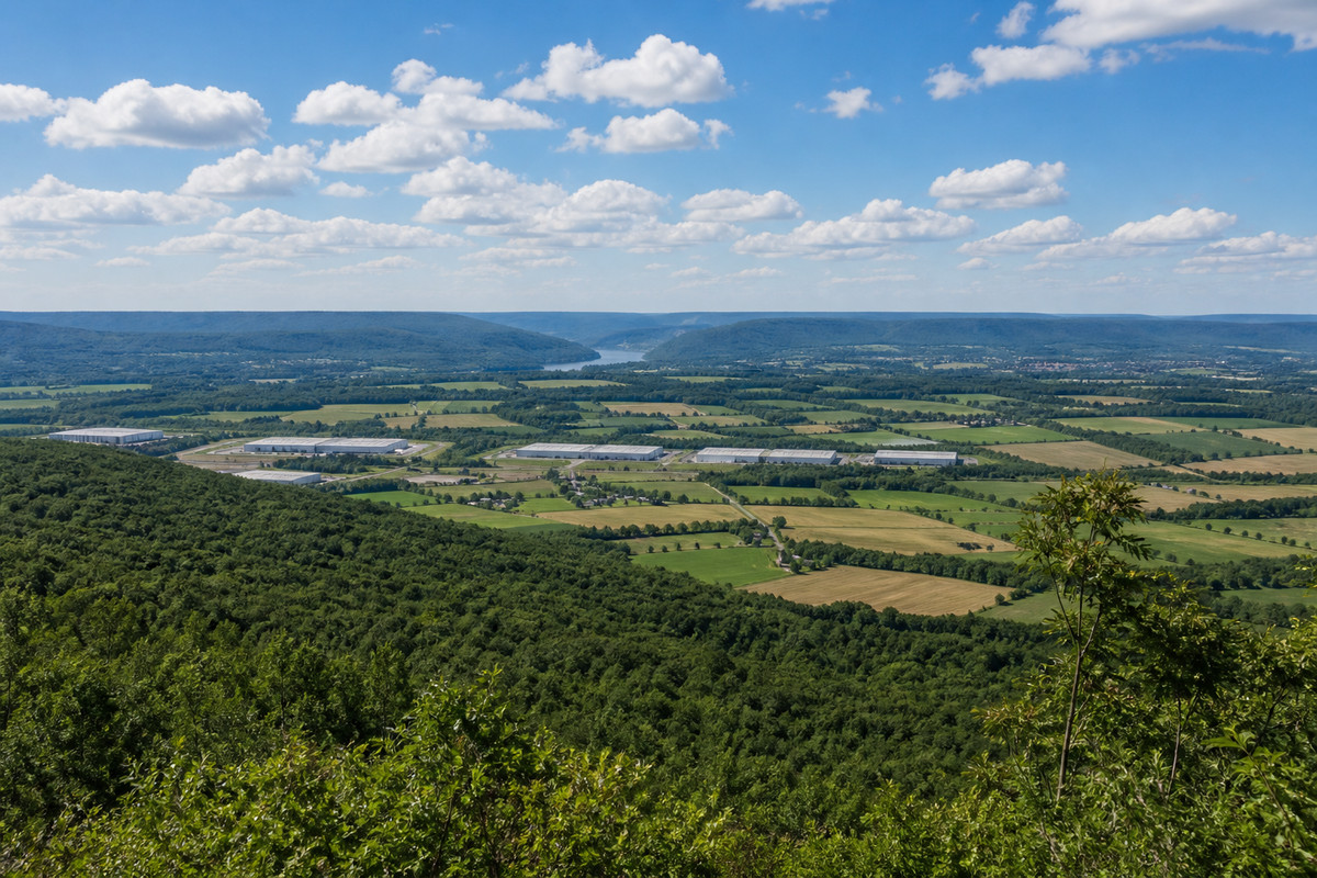 Blue Mountain ridge above a Lehigh Valley farm field with a stone bank barn in the middle distance and a cement plant stack on the horizon