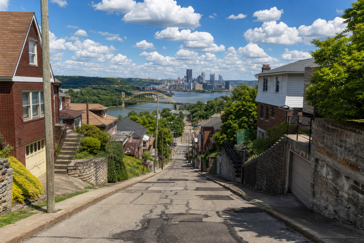 Pittsburgh hillside street of narrow houses climbing above a river valley with a yellow bridge and the downtown skyline framed beyond